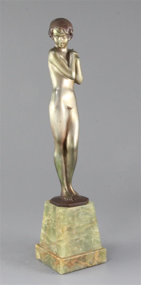A Lorenzl Art Deco silvered bronze figure of a standing nude girl, 14.25in.